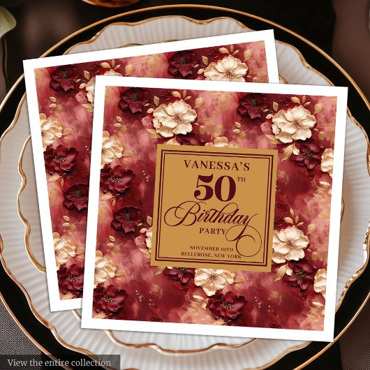 Serviette En Papier Design Boho Merlot Blush Gold 50e anniversaire