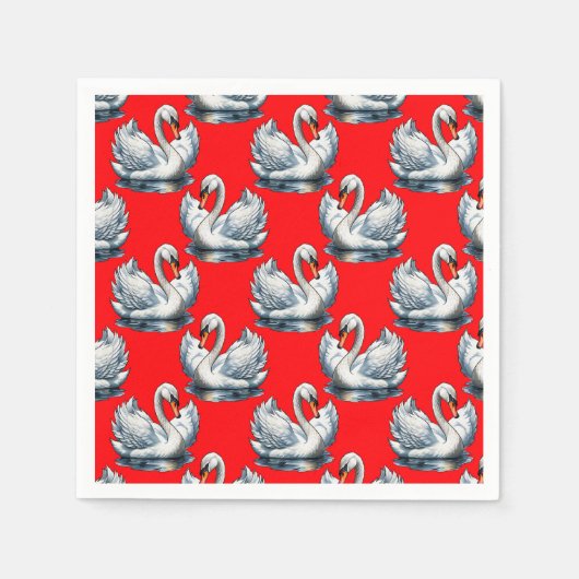 Serviette En Papier Design Motif des oiseaux de cygne sur le rouge (Devant)