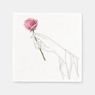 Serviette En Papier Dessin au trait Main tenant une rose rose