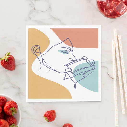 Serviette En Papier dessin d'art affiche d'une femme buvant du café (En situation)