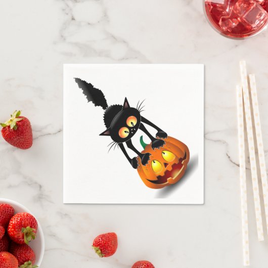 Serviette En Papier Dessin d'Halloween au chat effrayé sur Citrouille (En situation)