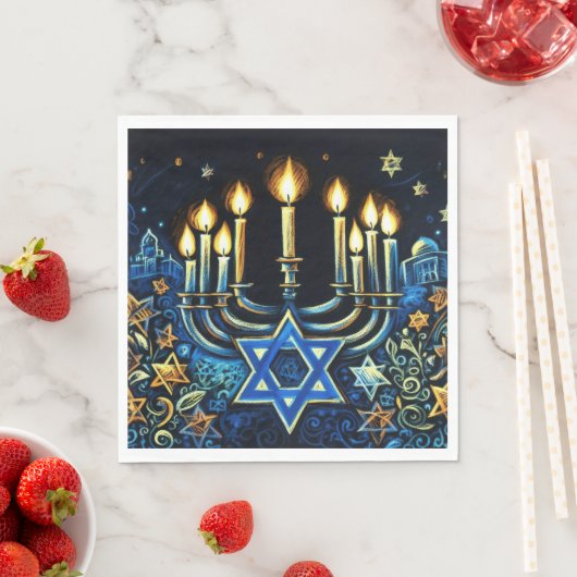 Serviette En Papier Dessin Hanoukka Gift Menorah Pastel (En situation)