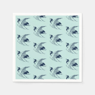 Serviette En Papier Dessin japonais vintage d'une grue, bleu