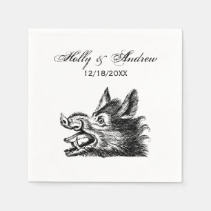 Serviette En Papier Dessin tête de sanglier vintage en noir et blanc