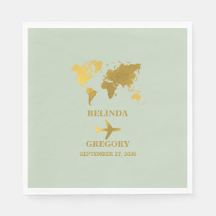 Serviette En Papier Destination Mariage Monde Passport Sage Vert Or