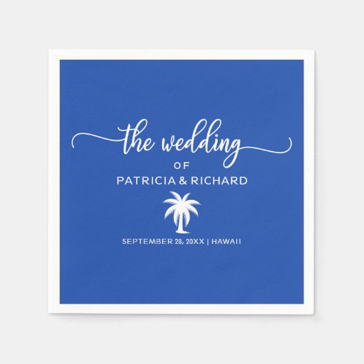 Serviette En Papier Destination Mariage Royal Bleu et Palmier Blanc (Devant)