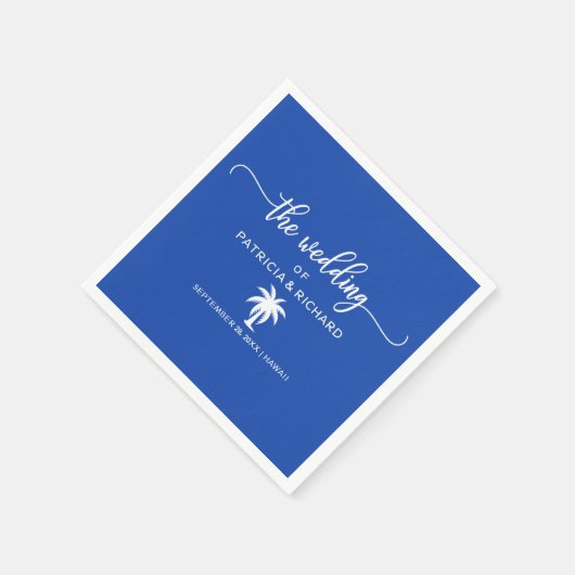 Serviette En Papier Destination Mariage Royal Bleu et Palmier Blanc (Coin)