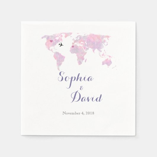 Serviette En Papier Destination Mariage Voyage Aquarelle Carte du mond (Devant)