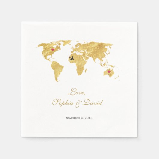 Serviette En Papier Destination Romantique Mariage Gold World Carte (Devant)