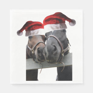 Serviette En Papier Deux chevaux portant des Casquettes du Père Noël p