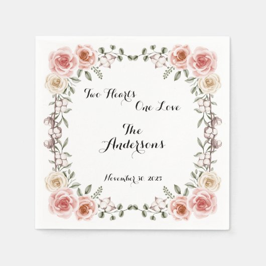 Serviette En Papier Deux Coeurs Un Amour Rustique Arbor Rose Mariage (Devant)