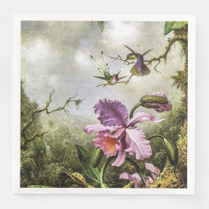 Serviette En Papier Deux colibris et une orchidée rose
