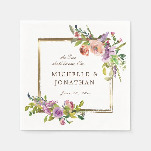 Serviette En Papier Deux deviennent un Mariage Rose élégant cadre or (Devant)