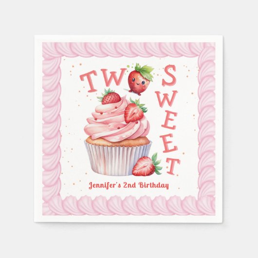 Serviette En Papier DEUX douceurs ! Fraise rose 2e anniversaire (Devant)