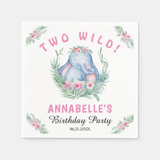 Serviette En Papier Deux éléphants tropicaux sauvages rose fête d'anni (Devant)