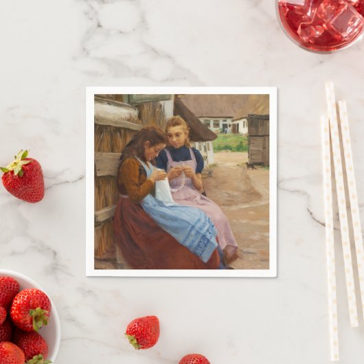 Serviette En Papier Deux Filles avec Needlework assis dans une ferme (En situation)