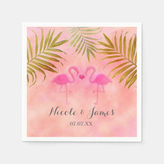 Serviette En Papier Deux Flamants roses roses Aquarelle Plage Mariage  (Devant)