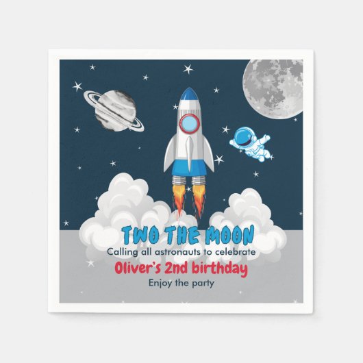 Serviette En Papier Deux Garçon Lune Espace Fusée 2e Anniversaire (Devant)