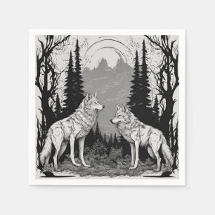 SERVIETTE EN PAPIER DEUX LOUP MAGICAINS BLANCS LA NUIT