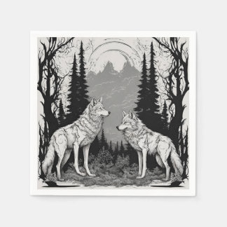 SERVIETTE EN PAPIER DEUX LOUP MAGICAINS BLANCS LA NUIT