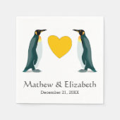 Serviette En Papier Deux pingouins | Coeur jaune | Mariage (Devant)