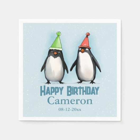 Serviette En Papier Deux pingouins Cool fêtent l'anniversaire de l'enf (Devant)