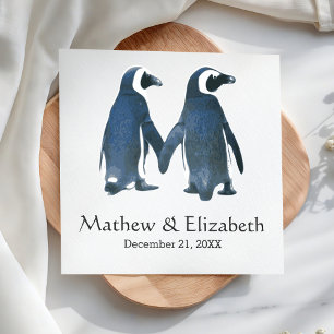Serviette En Papier Deux pingouins mignons Mariage romantique