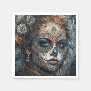 Serviette En Papier Dia de los Muertos visage turquoise peint