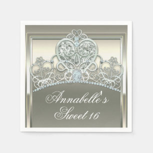 Serviette En Papier Diadème Anniversaire Princesse Cœur en Platine et