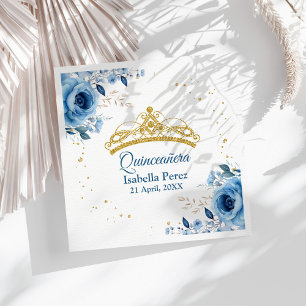 Serviette En Papier Diadème doré de Quinceanera avec fleurs bleues et 