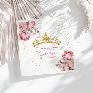 Serviette En Papier Diadème doré de Quinceanera pailleté et floral ros