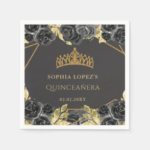 Serviette En Papier Diadème floral élégant noir or Quinceanera