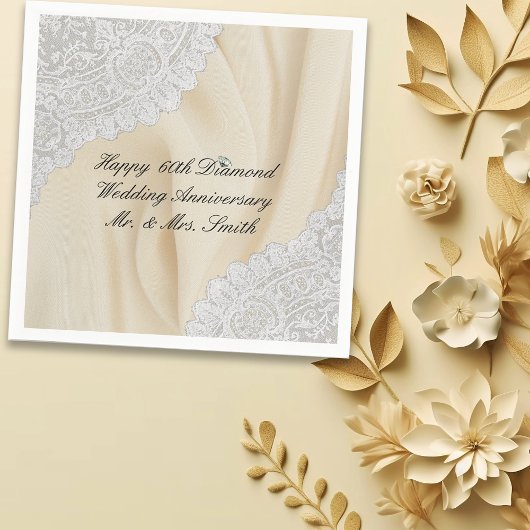 Serviette En Papier Diamant 60e anniversaire du Mariage Faux Satin+Lac
