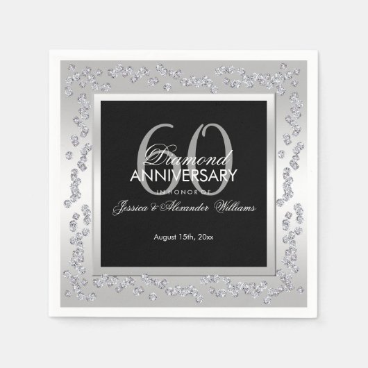 Serviette En Papier Diamants élégants Argent 60e anniversaire Mariage (Devant)