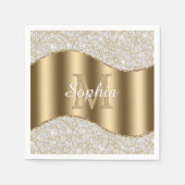Serviette En Papier Diamants, Grand Monogramme Or, Nom De Script Blanc (Devant)