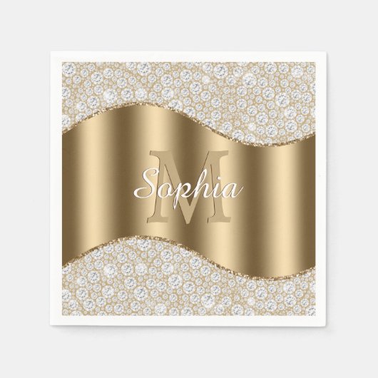 Serviette En Papier Diamants, Grand Monogramme Or, Nom De Script Blanc (Devant)