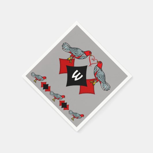 Serviette En Papier Diamants rétro, Oiseaux et vers cardiaques_Monogra (Coin)