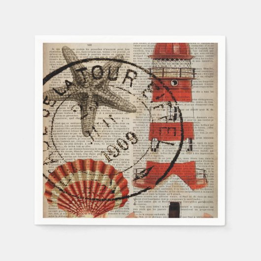 Serviette En Papier dictionnaire estampes art côtier seashell phare (Devant)
