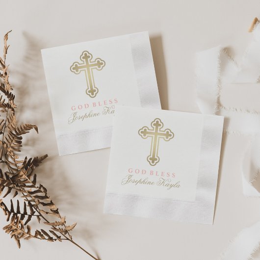 Serviette En Papier Dieu Béni Élégant Croix d'or Baptême Girl Blush