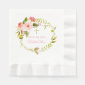 Serviette En Papier Dieu Béni rose et or Floral Wreath Girl Baptême (Devant)
