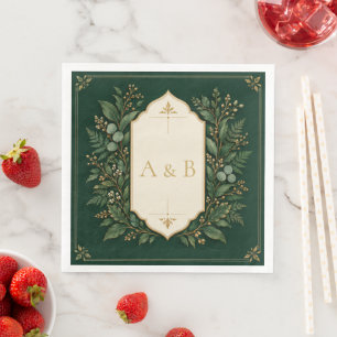 Serviette En Papier Dîner de mariage personnalisé vert forêt or