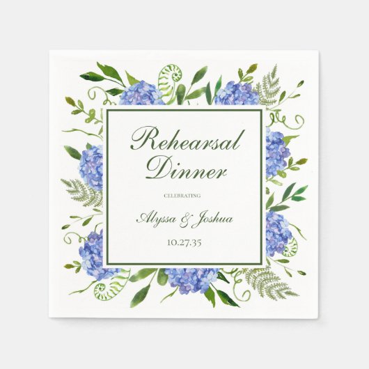 Serviette En Papier Dîner de répétition de script Hydrangeas bleues (Devant)