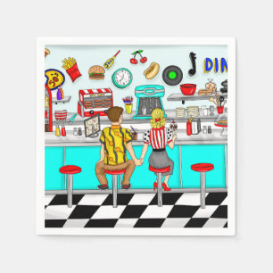 Serviette En Papier Diner des années 1950   Couple se tenant la main  