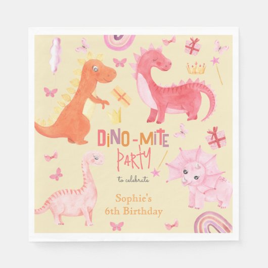 Serviette En Papier Dino-mite dino rose fête d'anniversaire (Devant)