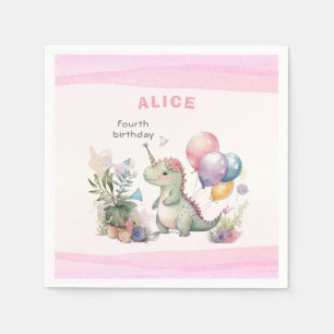 Serviette En Papier Dino Party Watercolor Girl rose Anniversaire