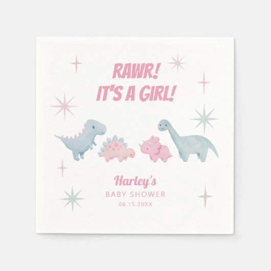 Serviette En Papier Dinosaur Baby shower fille RAWR (Devant)