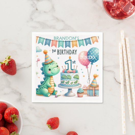 Serviette En Papier Dinosaur Dino 1ère fête d'anniversaire (En situation)