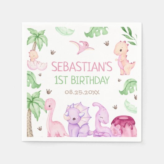 Serviette En Papier Dinosaur One-A-Saurus Fille 1er anniversaire (Devant)