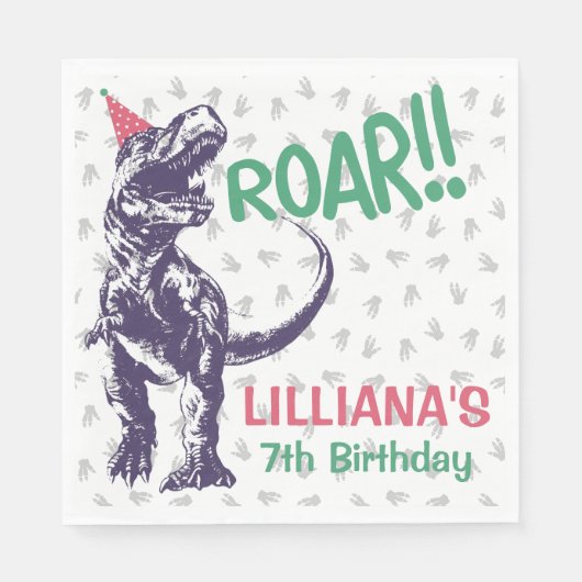 Serviette En Papier Dinosaur T-Rex dans Casquette de fête rose et viol (Devant)