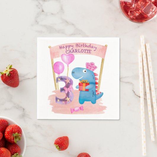 Serviette En Papier Dinosaure Cute Girly 3 ans Anniversaire (En situation)